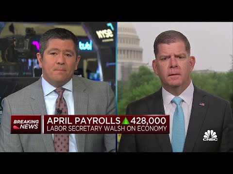 U.S. Labor Secretary Marty Walsh reacts to April's higher-than-expected jobs report