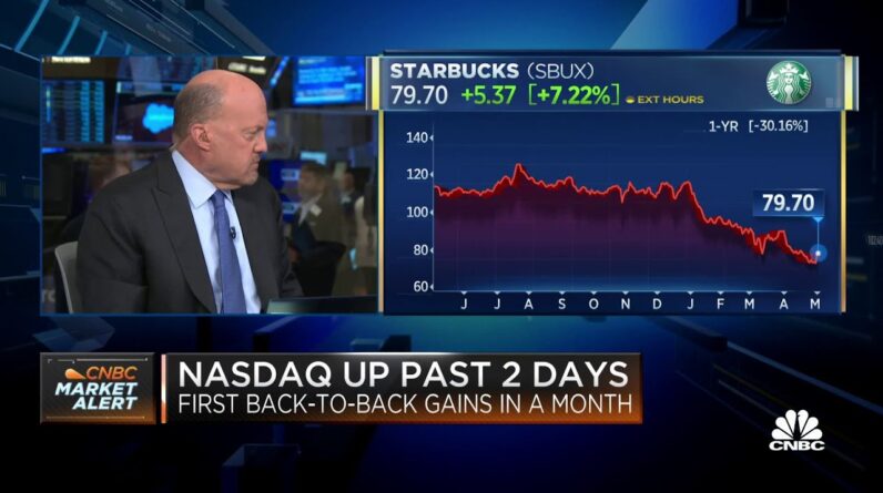 Jim Cramer breaks down Starbucks shares as Schultz faces union push